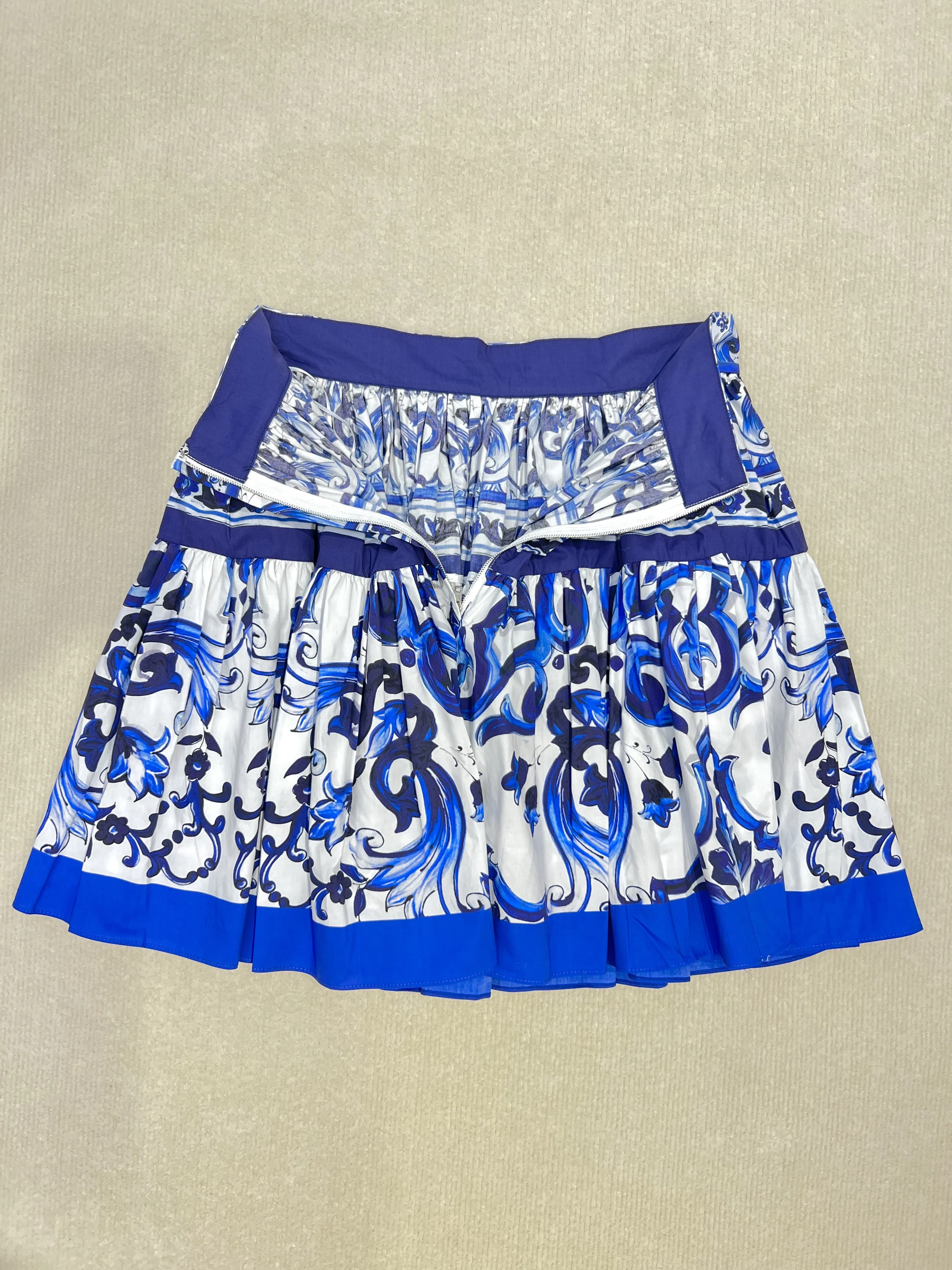 Women\'s Vintage Blue and White Porcelain Print Short Skirt, 100% Cotton, Summer Style, Sexy, Fashionable, 2024