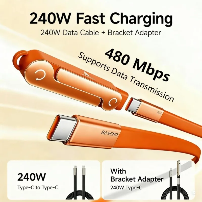 Portable Cell Phone Charger Folding Gaming Friendly Rotatable USB-C Cable 240W Fast Charging Durable Type C To Type C Data Line