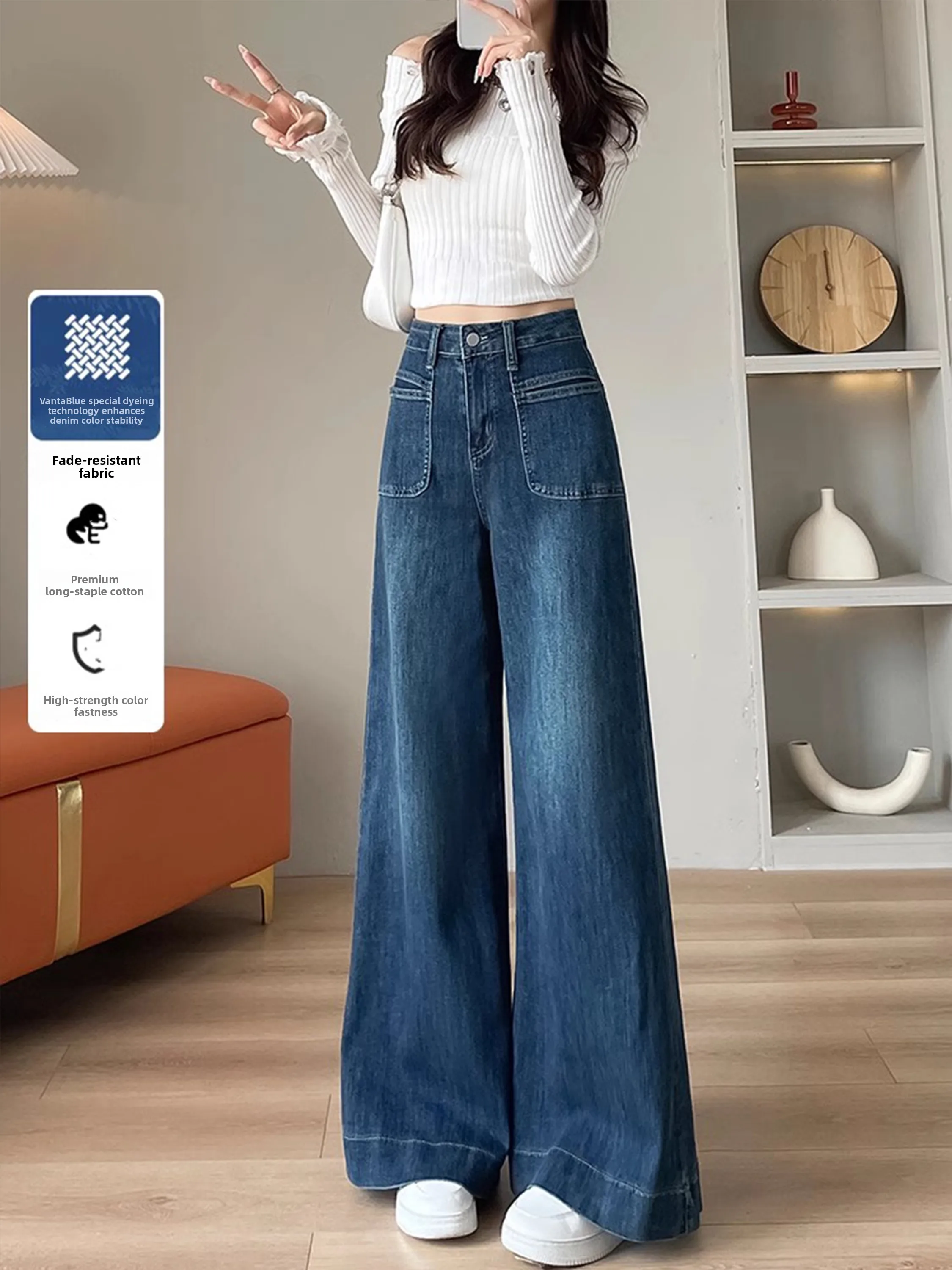 

Ретро синие джинсовые свободные широкие брюки с высокой талией, прямые длинные брюки, женские весенне-осенние новые удобные утягивающие джинсы