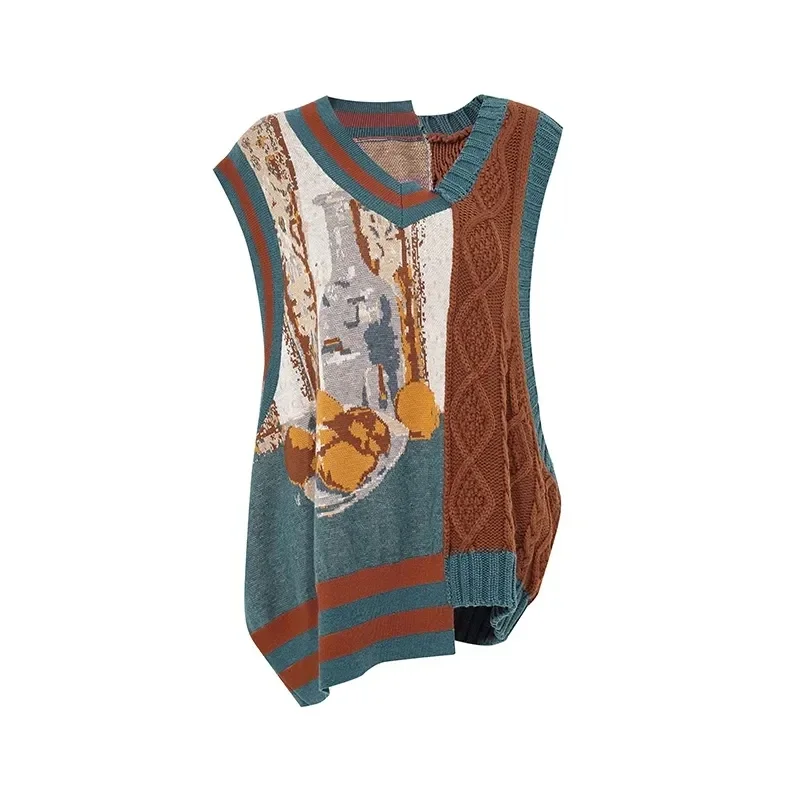 Vintage Knitted Vest Women Loose Sleeveless V-neck Wasitcoat Female Harajuku Patchwork Sweater Vest Lady Oversized Tank Tops