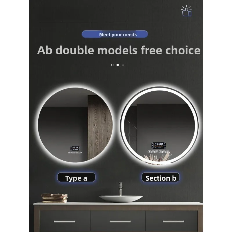 Round Smart Bathroom Mirror Wall-mounted Led with Light Touch Screen Anti-fog Luminous Induction Wall-mounted Round Vanity