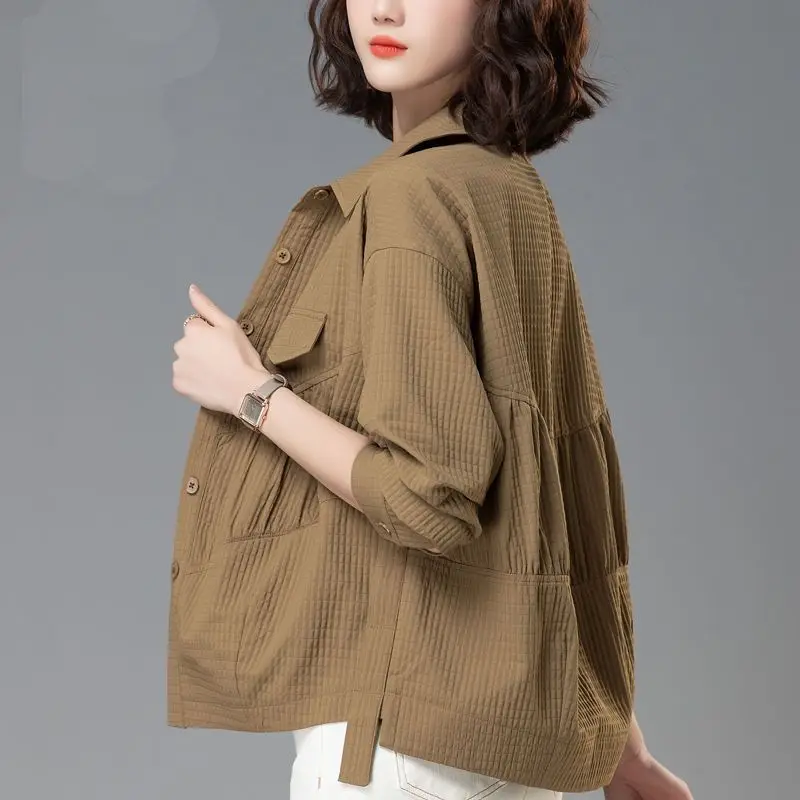 Casual Solid Color Loose Shirt Women\'s Clothing Single-breasted Spring Autumn New Commute Polo-Neck Stylish Folds Spliced Blouse