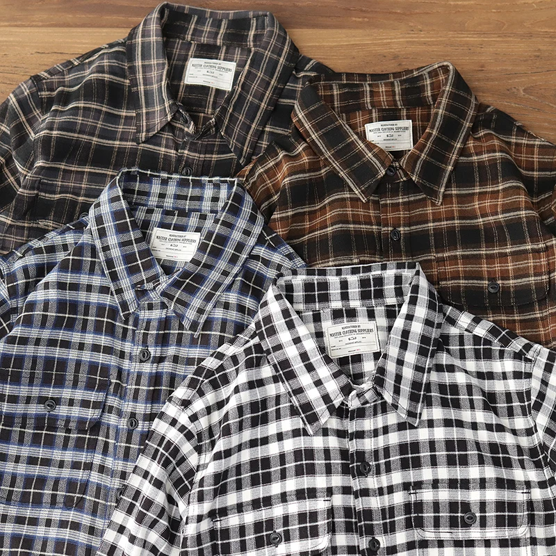 Plaid long-sleeved shirt men's spring and autumn new coat black and white with American retro tooling ground wool casual shirt