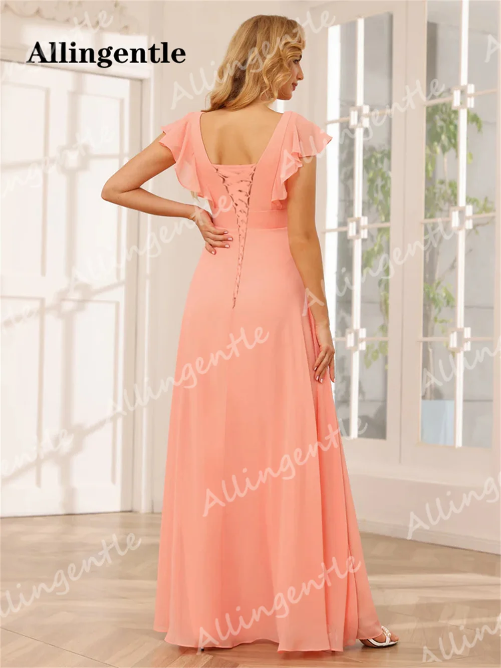 Allingentle A-Line V-Neck Long Bridesmaid Dresses with Ruffles Princess Chiffon Lace-up Back Floor Length Formal Evening Gowns