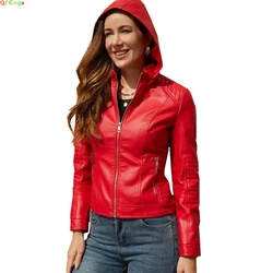 Bright Red Women Hooded PU Jacket Hat Removable Windproof Tops Fashion Casual Leather Coat Black Blue Coffee Khaki Pink S-XXXL