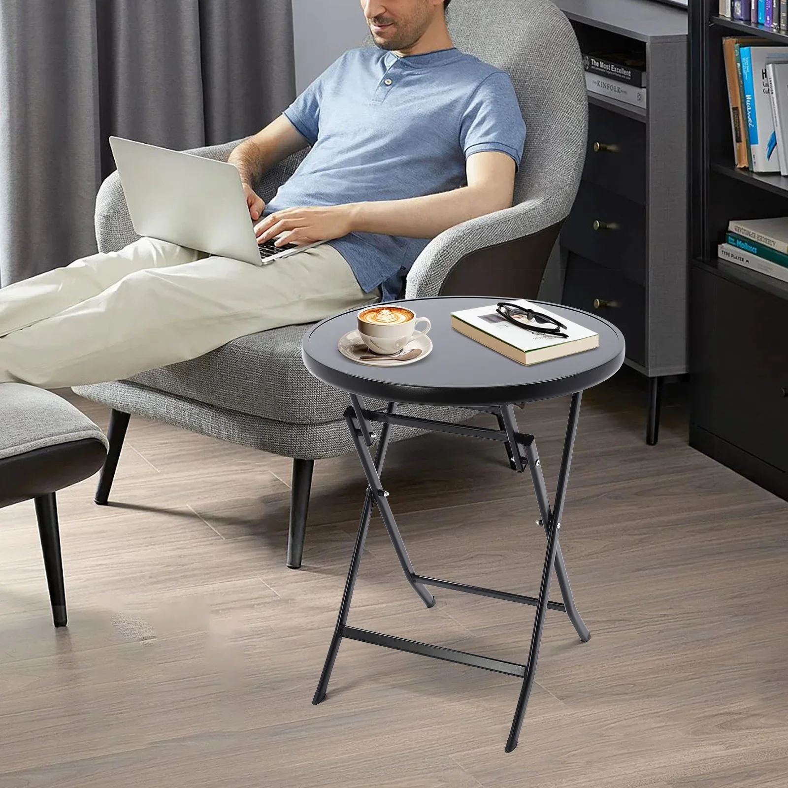 Mesa de centro dobrável redonda de 60 cm, capacidade de 120 kg - Mesa lateral portátil interna e externa para pátio, jardim, varanda, sala de estar