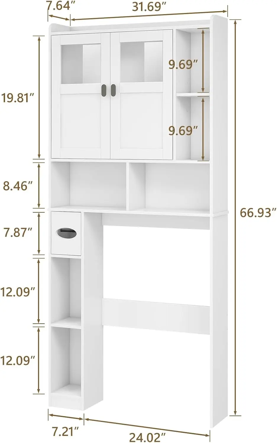 Over The Toilet Storage Cabinet, Bathroom Shelf Over Toilet with Glass Doors and Adjustable Shelves, White Freestanding Home Spa