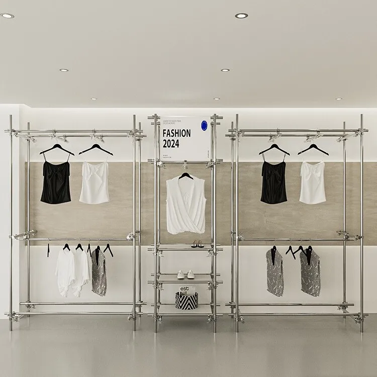 

Clothing store display rack stainless steel flash hanger industrial wind scaffold buyer store display floor rack trendy clothing