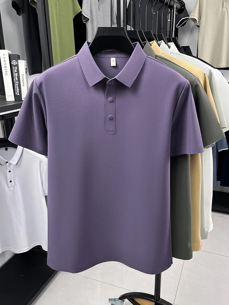 Hochwertiges Eisseide-Kurzarm-Poloshirt für Herren, klassisches einfarbiges, atmungsaktives Business-Casual-T-Shirt, neues Luxus-Oberteil für den Sommer. – Detail 26