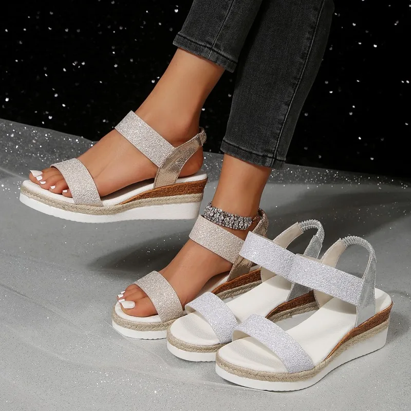 

Wedges Heels Platform Sandals Gold Silver Woman Summer 2024 Elegant Beach Elastic Band Lightweight Comfortable Plus Size 42 43