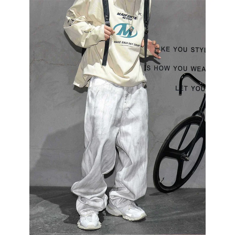 

Street Hip-Hop Dirty White Baggy Wide Leg Jeans Men, Fashion Trendy Loose Denim Pants