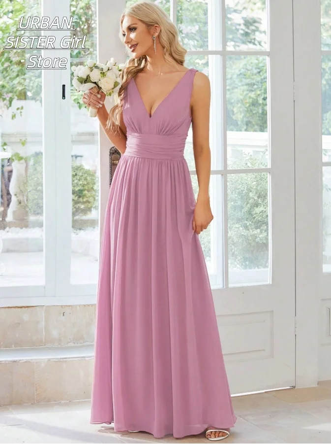 Pink-Purple Deep V-Neck Sleeveless Ruched Waist Chiffon Long Bridesmaid Dress, Floor-Length Elegant Wedding Guest Evening Gown