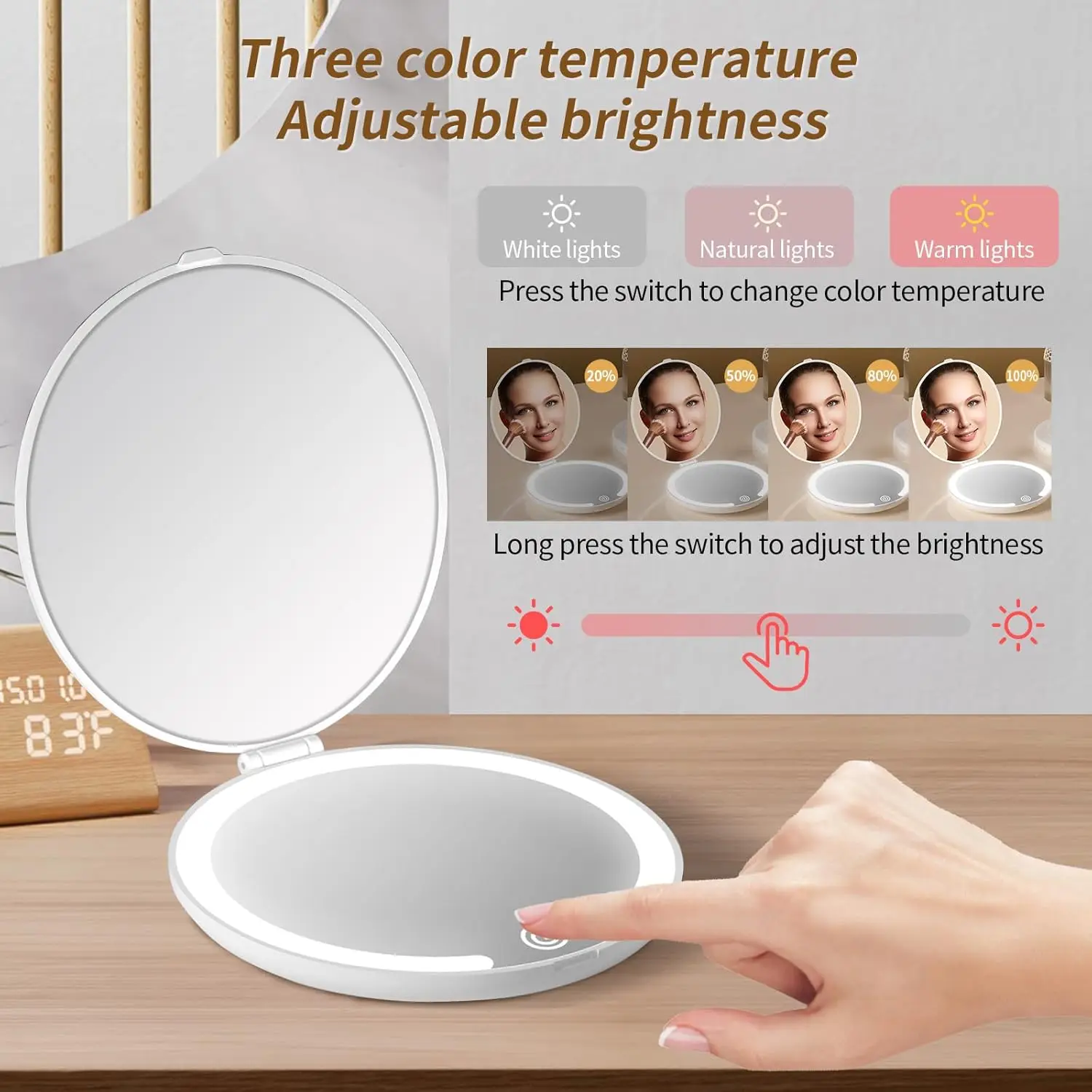 Beleuchteter Schminkspiegel mit Vergrößerung, kompakter Reisespiegel, tragbarer, über USB wiederaufladbarer Mini-LED-Taschenspiegel mit Touchscreen