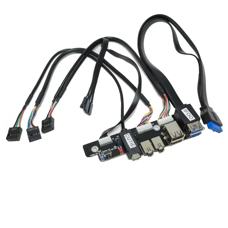 Motherboard Extension Chassis Front Panel Cable 19Pin 9Pin To Type-C 2-Port USB 2.0 3.0 HD Audio 3.5mm Power Switch LED HDD Cord