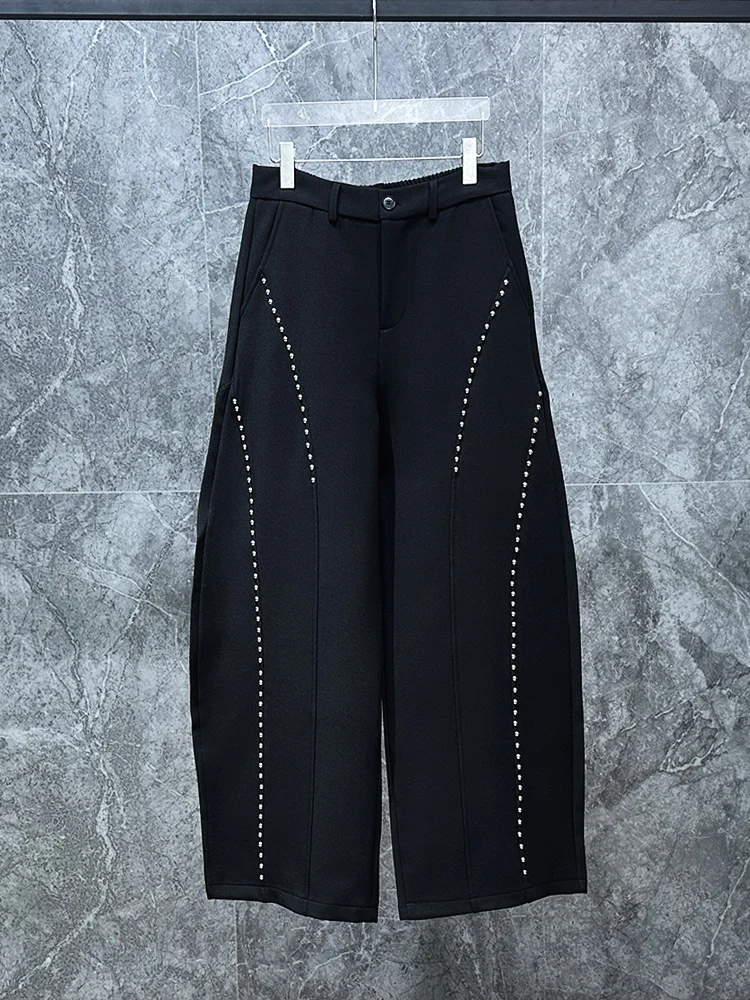 

Spring New Men's Knife Wide Leg Pants Rivet Casual Trousers Trendy Haome Korean Sle Straight Leg Zipper mid Waist