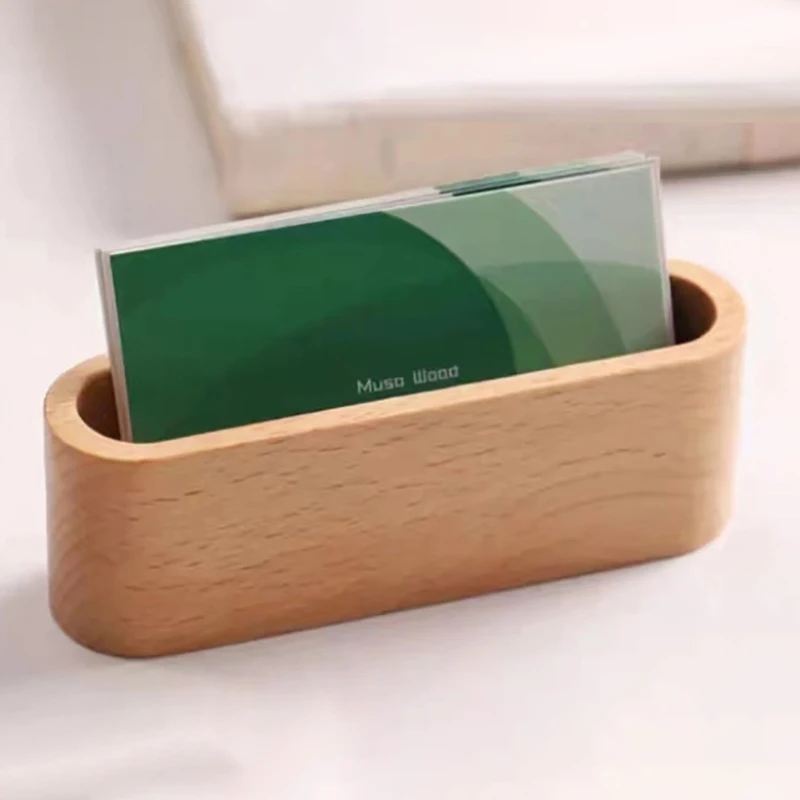 Business Card Holder Wooden Organizer Office Desk Name Card Display Stand With Pen Slot Memo Pad Cards Stand Card Holder Storage