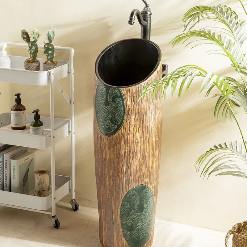 

Retro outdoor courtyard column hand integrated floor type column washing villa garden basin