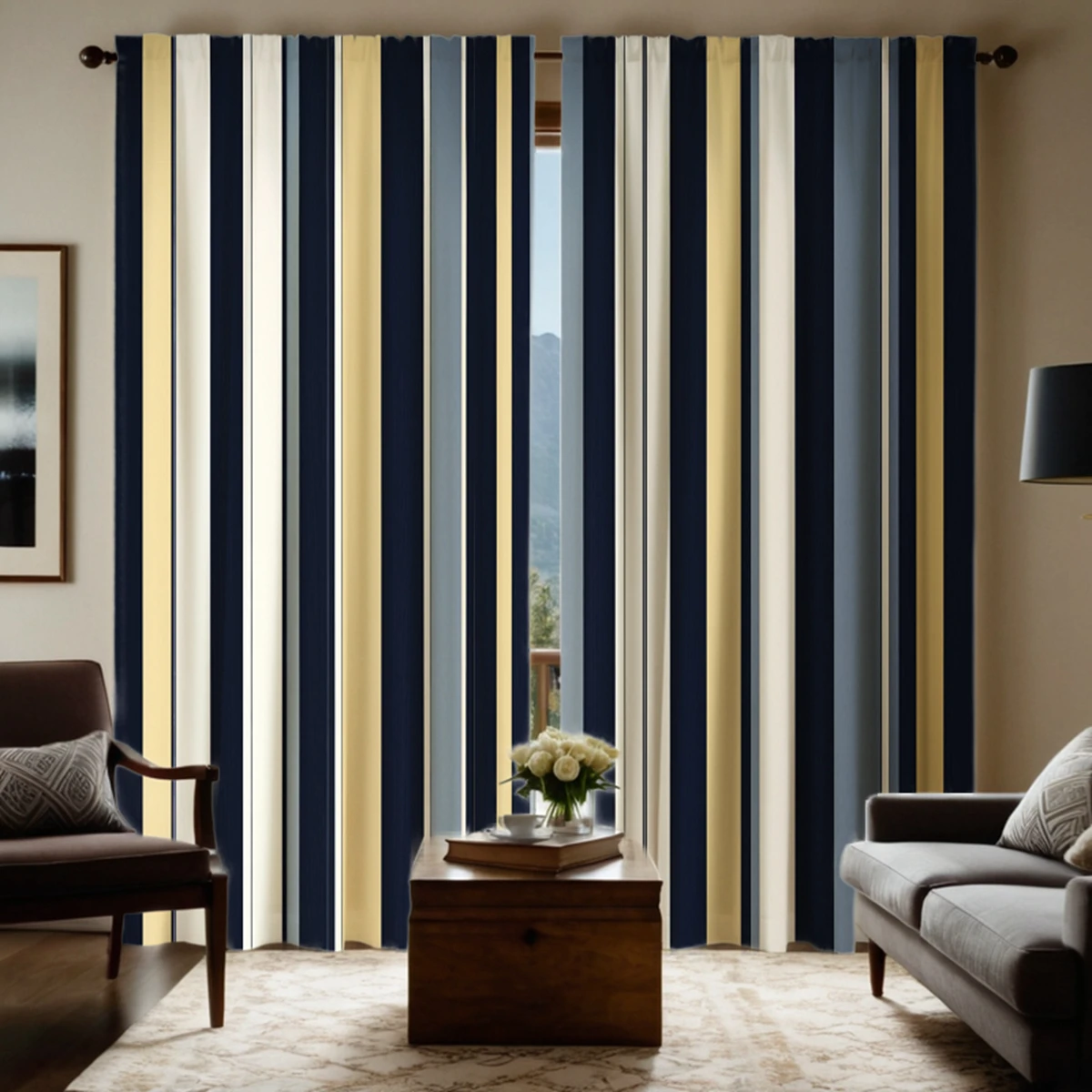 2 Pieces HD Digital Color System Mediterranean Striped Curtains Home Decorating Style Decorating Living Room Bedroom Rodding Cur