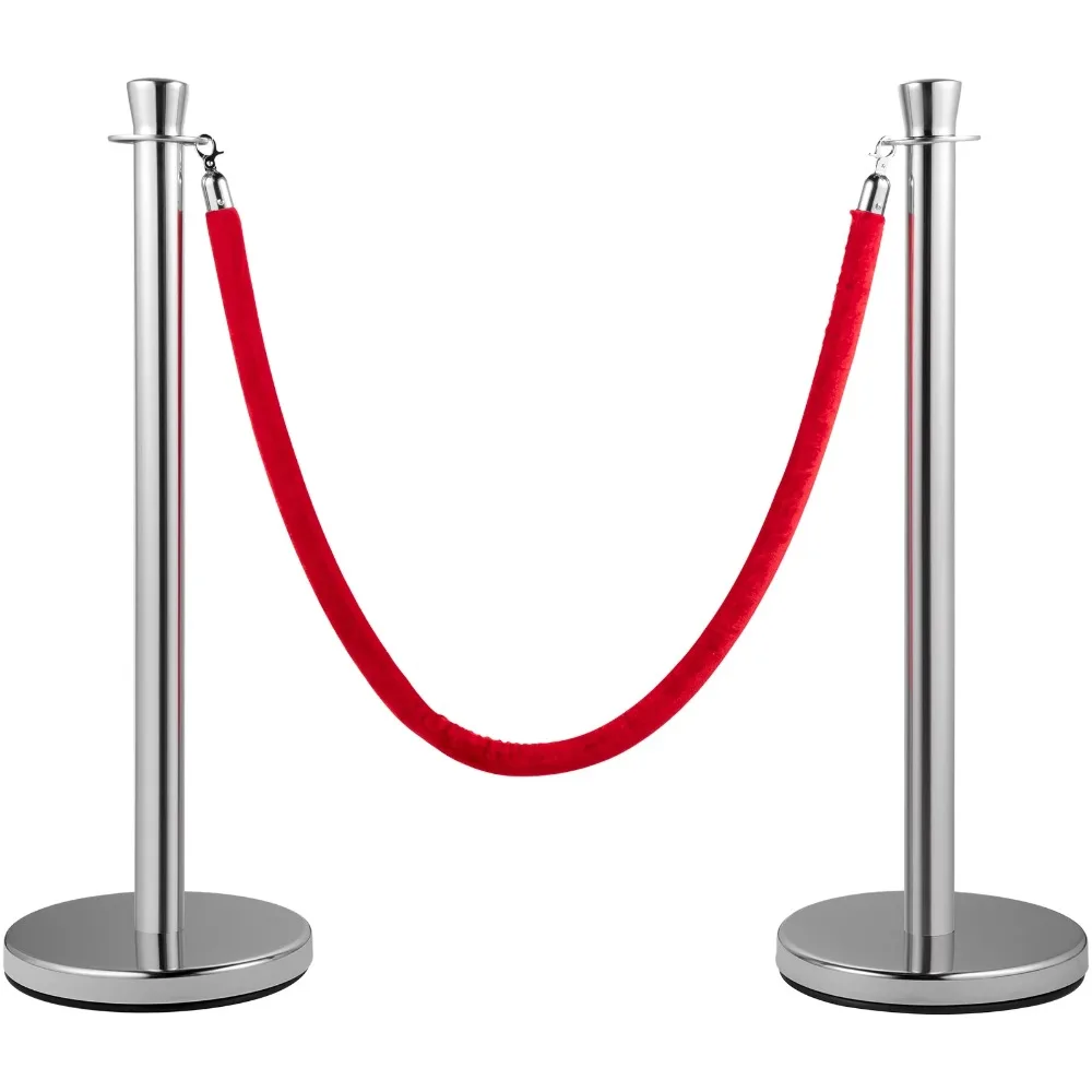 2 Pieces Stanchion Set w/ 5 ft/1.5 m Red Velvet Rope, Silver Crowd Control Barrier Sturdy Concrete and Metal Base HOT