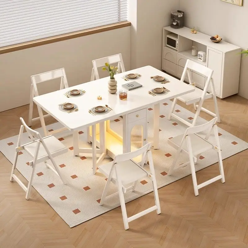 Black retro all solid wood folding dining table for home use modern light luxury rectangular retractable invisible small