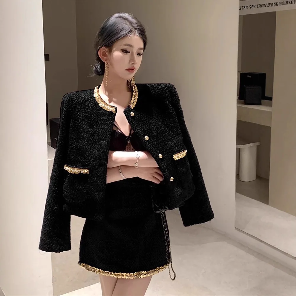 Elegant Black  Style Set Rich Home Princess Hepburn Feel Half Skirt Luxury High Quality Outerwear Complete Ensemble