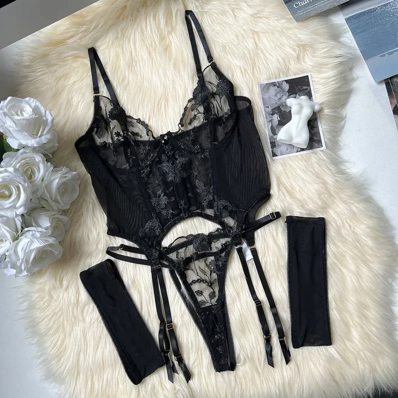 Lace Corset Sexy Sheer Mesh Bra Garter Thong Set Openwork Bodystocking Boudoir Studio Curvy Women Erotic S M L view 4