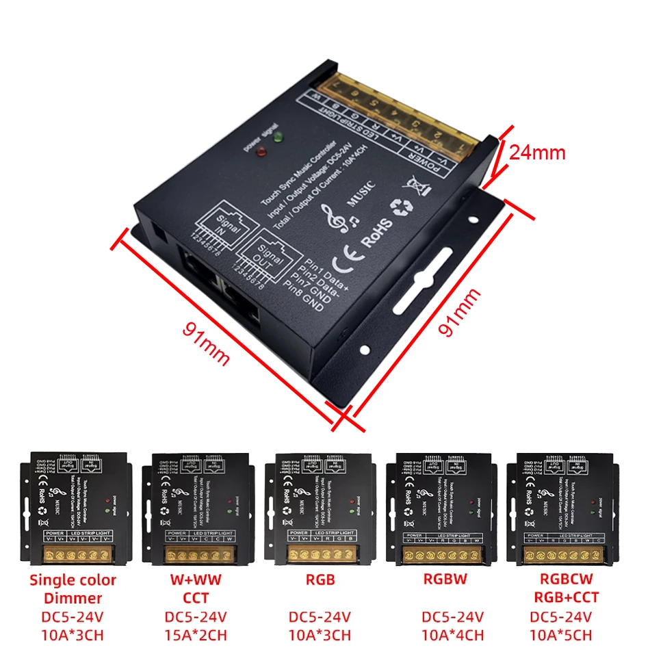 DC5-24V Music Sync Controller and RF Full Touch Remote Control Dimmer for  RGBCCT RGBWC RGB CCT Color 1~5 Ch LED Strip Light