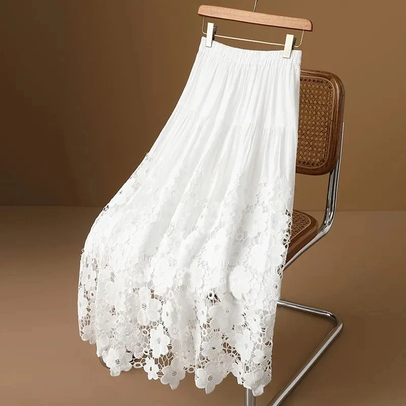 2025 Spring and Autumn new mid-length A-line skirt white lace skirt women's high waist slim big swing skirt umbrella skirt