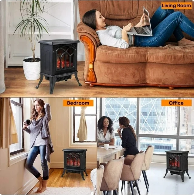 Boom GGE-Poêle électrique 3D noire, 1500W, 2 réglages, avec flamme réaliste