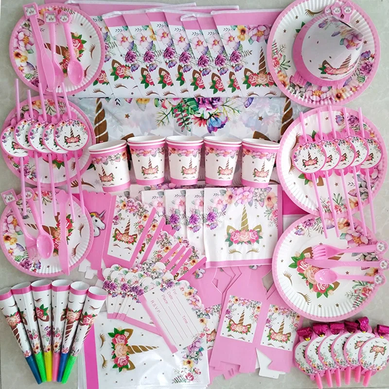 Unicorn Party Supplies Tableware Set Unicorni Paper Cup Plate Cake Topper Kids Happy Birthday Party Baby Shower Girl Decorations