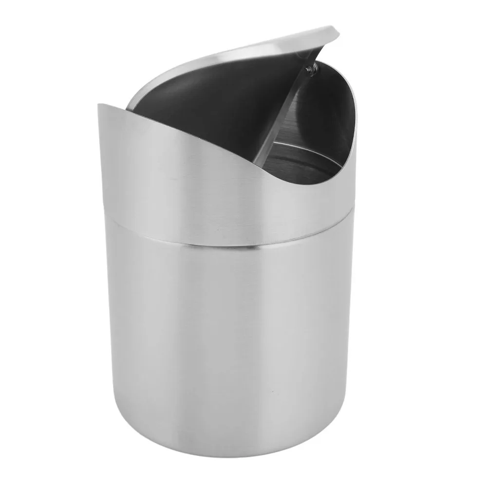 Sleek Stainless Steel Mini Trash Can Swing Lid Silver Desktop Trash Can Compact Size Swing Lid Trash Can Office