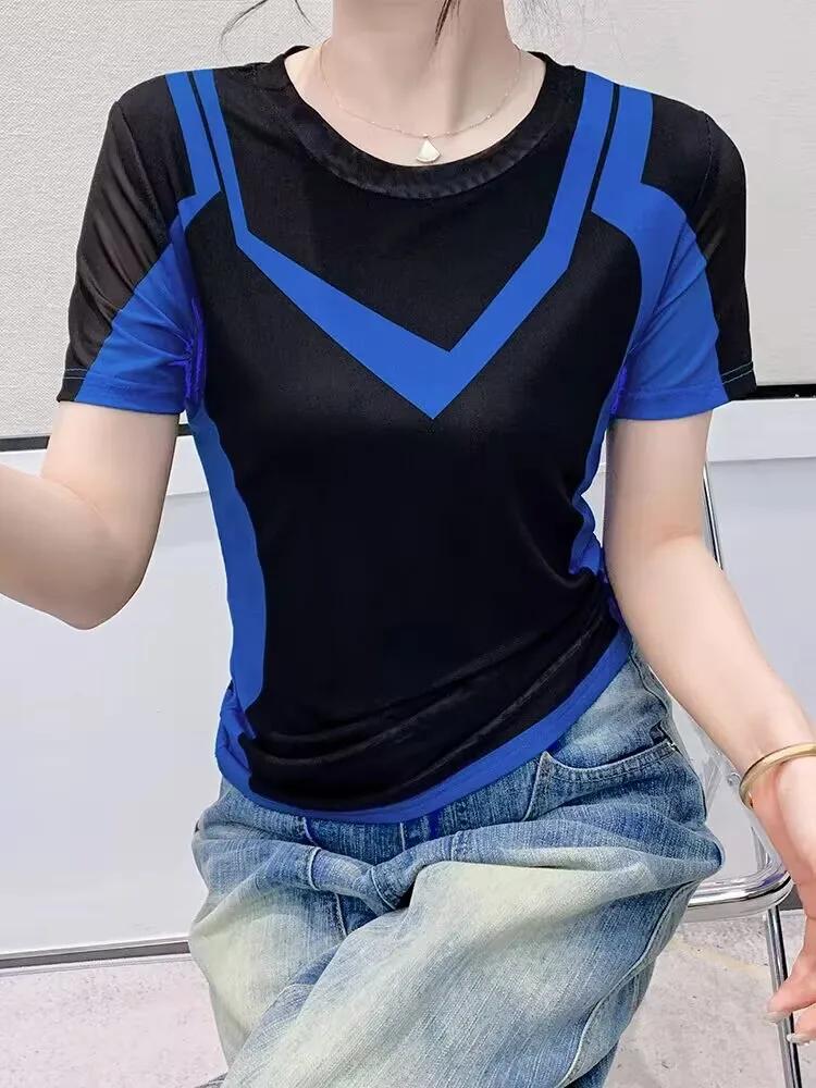 2025 European Style Eye-catching Geometric Female T-shirt Spring Summer Woman Short Sleeve Tops Tee O-neck High Street