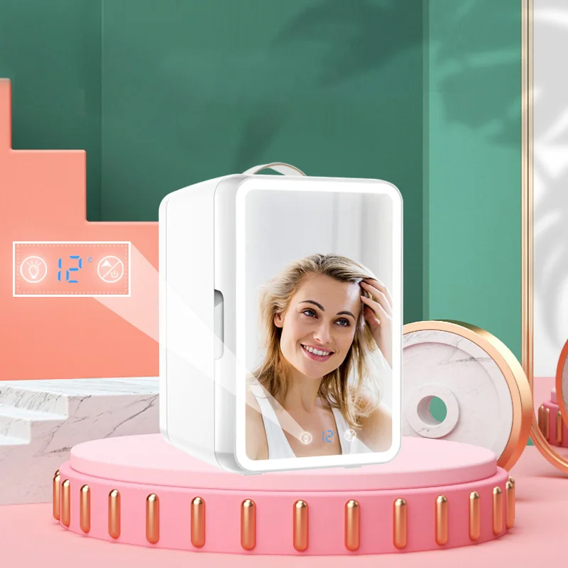 Mini geladeira elétrica com luz led espelho 6l beleza maquiagem geladeira tela sensível ao toque portátil geladeira cosmética 220v 28w
