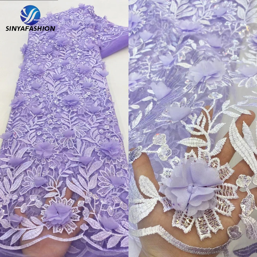 Tim White Gold Blue Lilac Black African 3D Lace Fabric 2024 High Quality Applique Flower French Tulle Lace With Sequins 5 Yards