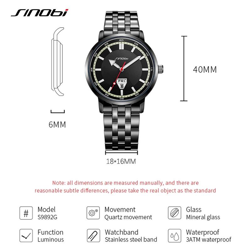 SINOBI New Design Men\'s Quartz Watches Original Calendar Week Display Mans Wristwatches Stainless Steel Top Luxury Male Business