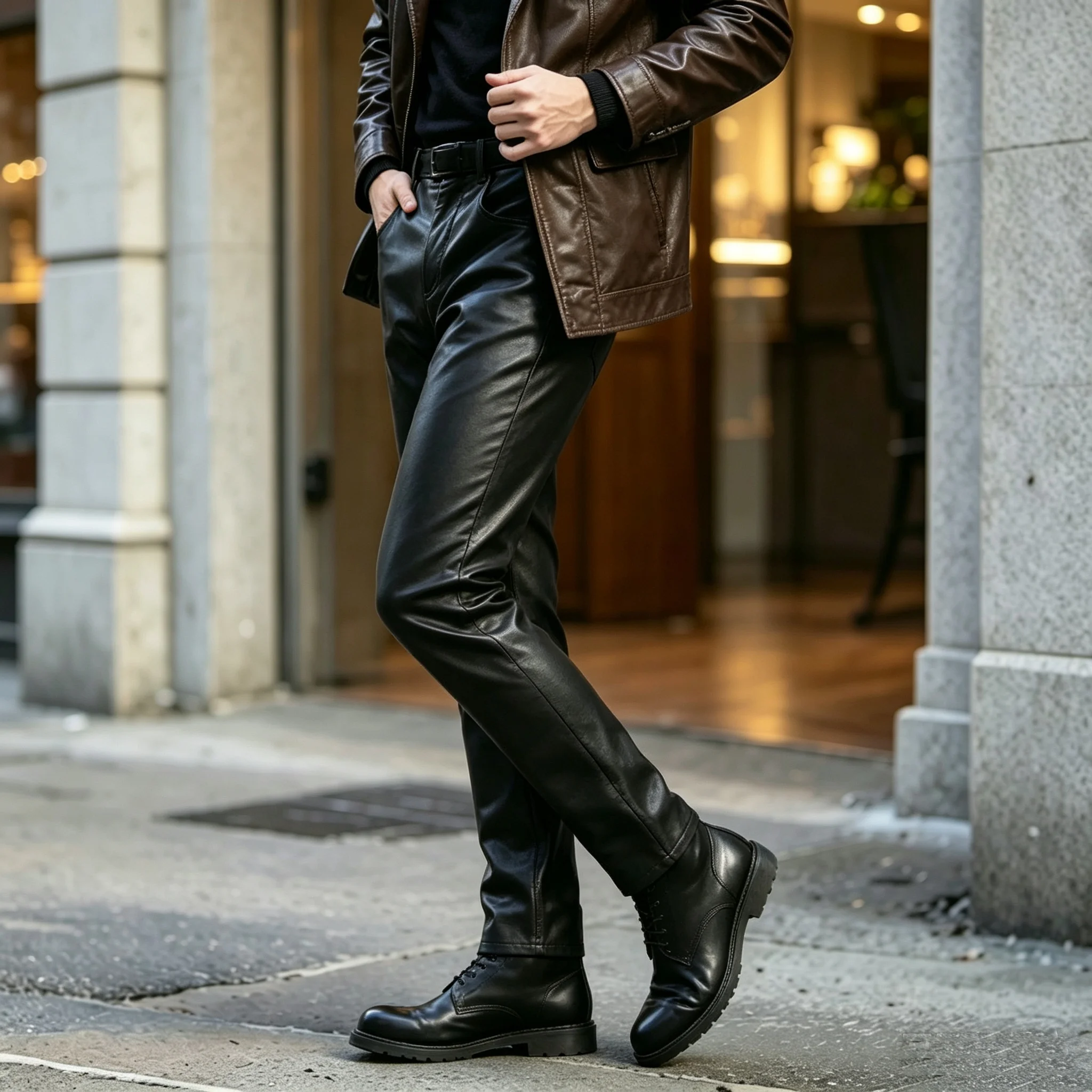  PU Leather Men's Pants Faux Leather Straight Leg Tight Fitt Trousers Elastic Waist Business Casual Streetwear Rock Motorcycle