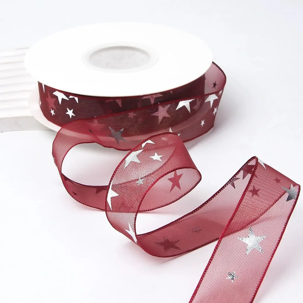 10 Yards/Roll 2.5cm Silver Foil Star Sheer Organza Ribbon For Diy Bow Making Gift Wrapping Floral Decoration