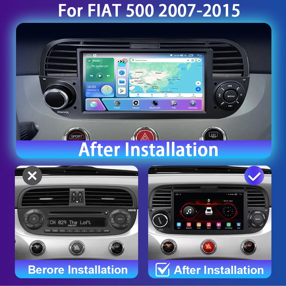 7\'\' Android 13 Car Radio For Fiat 500 2007 - 2015 Stereo Multimedia Video Player Navigation GPS DSP WIFI BT 4G Carplay Autoradio