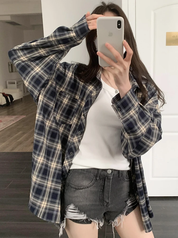 Checkered Shirt for Women Soft Button Up Collared Long Sleeve Plaid Shirt Female Outfit