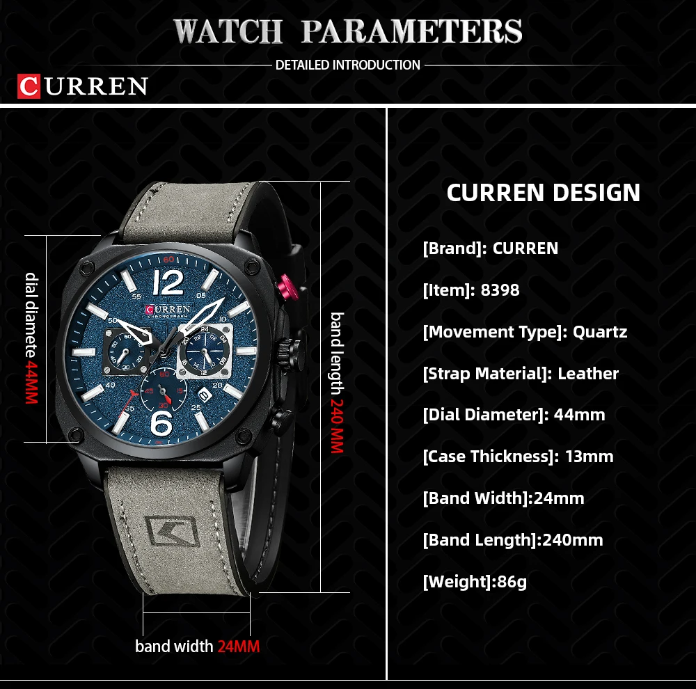 CURREN 8398 Men's Watch Fashion Waterproof Multifunctional Chronograph Watch Leather Six Needle Calendar Luminous Quartz Watch
