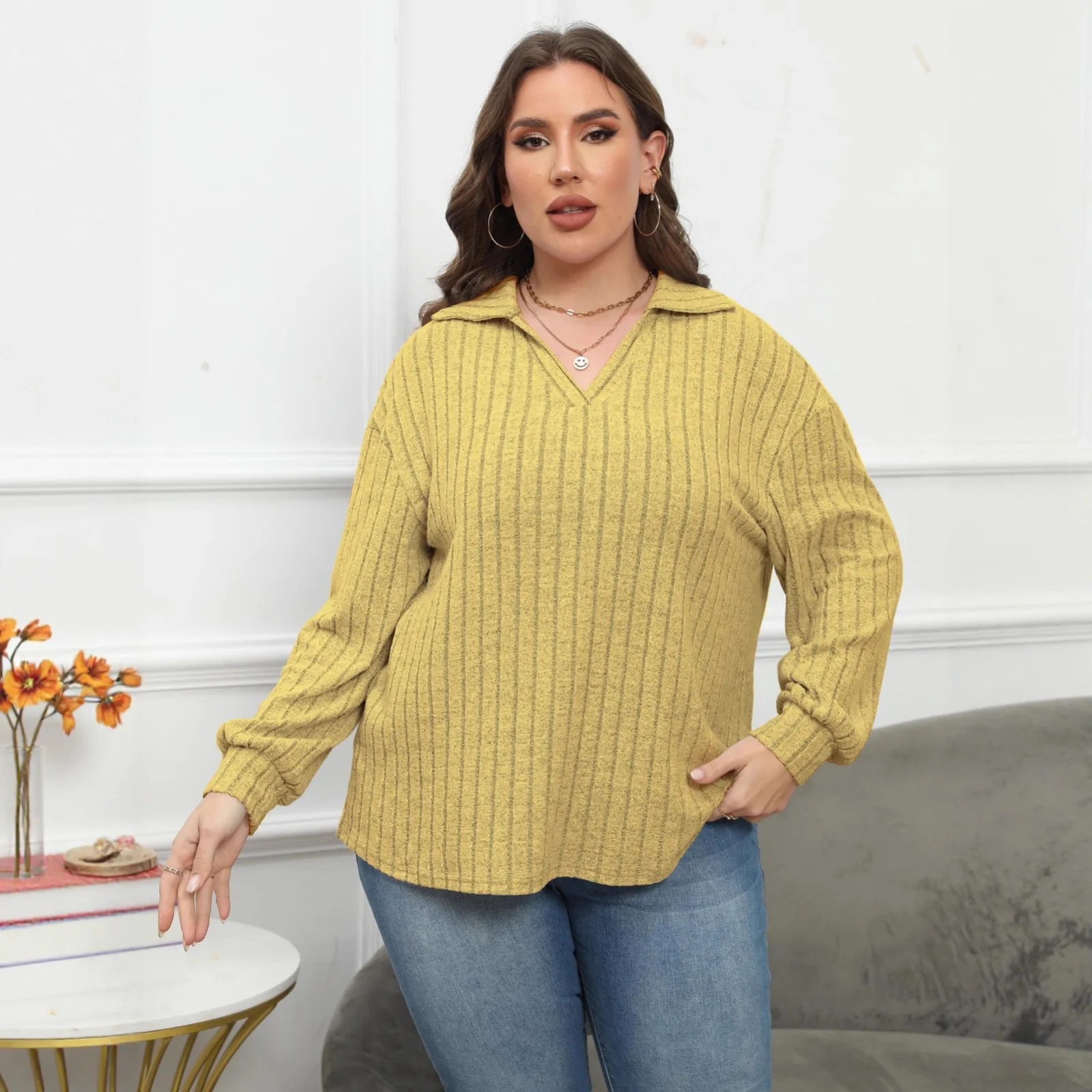 

Women's Tops Women's Polo Collar Sweater Pit Striped Base Shirt Casual T-shirt Casual Versatile Pullover