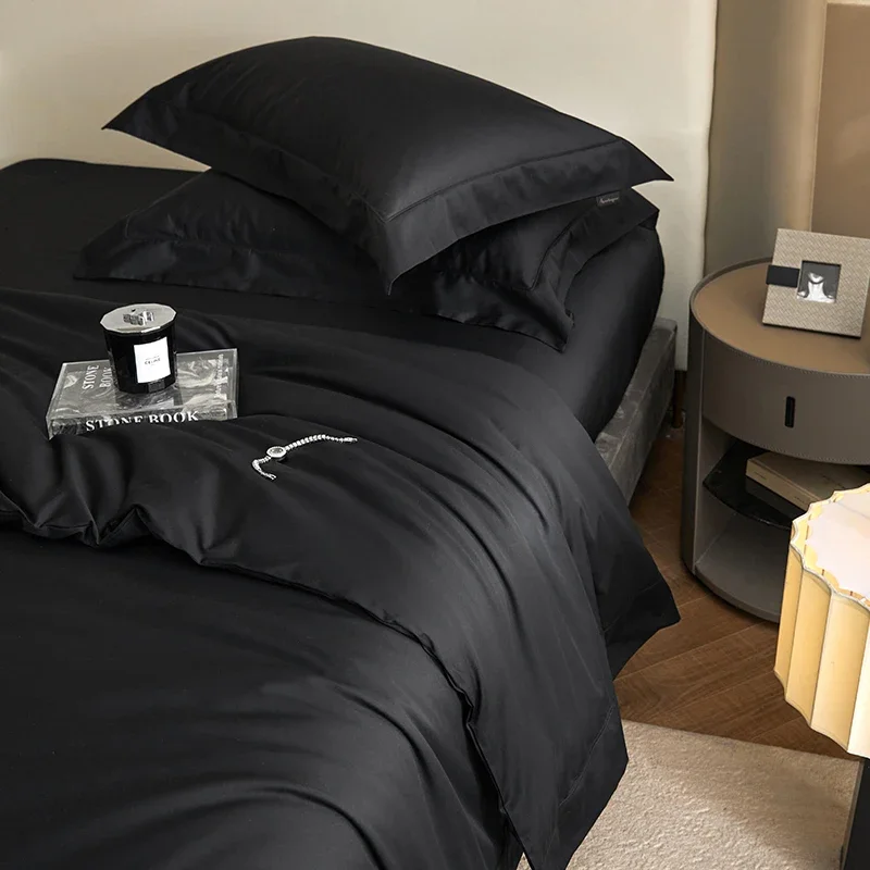 Luxury 1400TC Egyptian Cotton Soft Silky Black Bedding Set Duvet Cover Set Bed Sheet/Fitted Sheet Pillowcases 4Pcs Home Textile