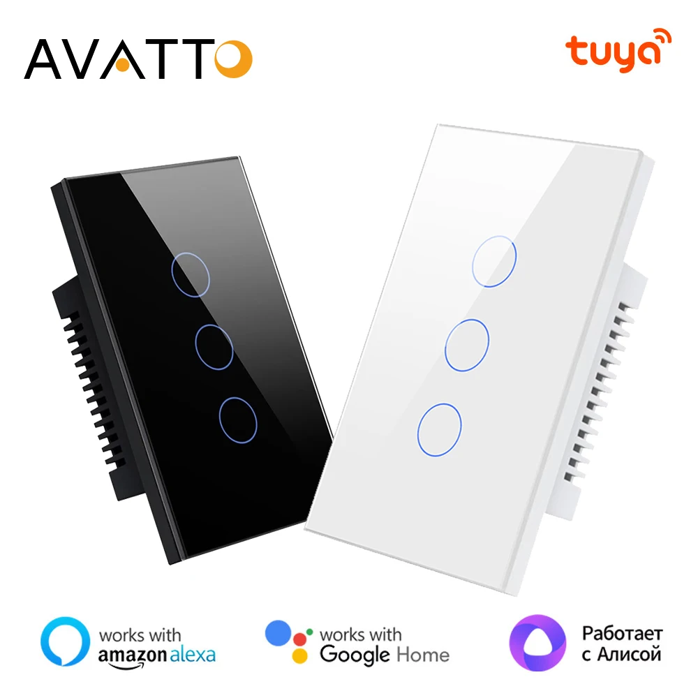 

Умный настенный выключатель AVATTO Tuya WiFi/ZigBee США, 1/2/3/4-позиционный сенсорный выключатель света со стеклянными панелями, поддержка Alexa, Google Home, Alice
