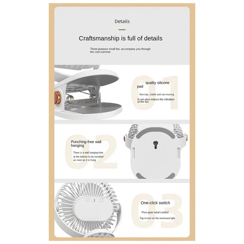 ABGR-USB Ventilatore con clip di ricarica Ventilatore con clip portatile Mini ventilatore da tavolo personale silenzioso a 5 velocità 720 °   Ventola di rotazione