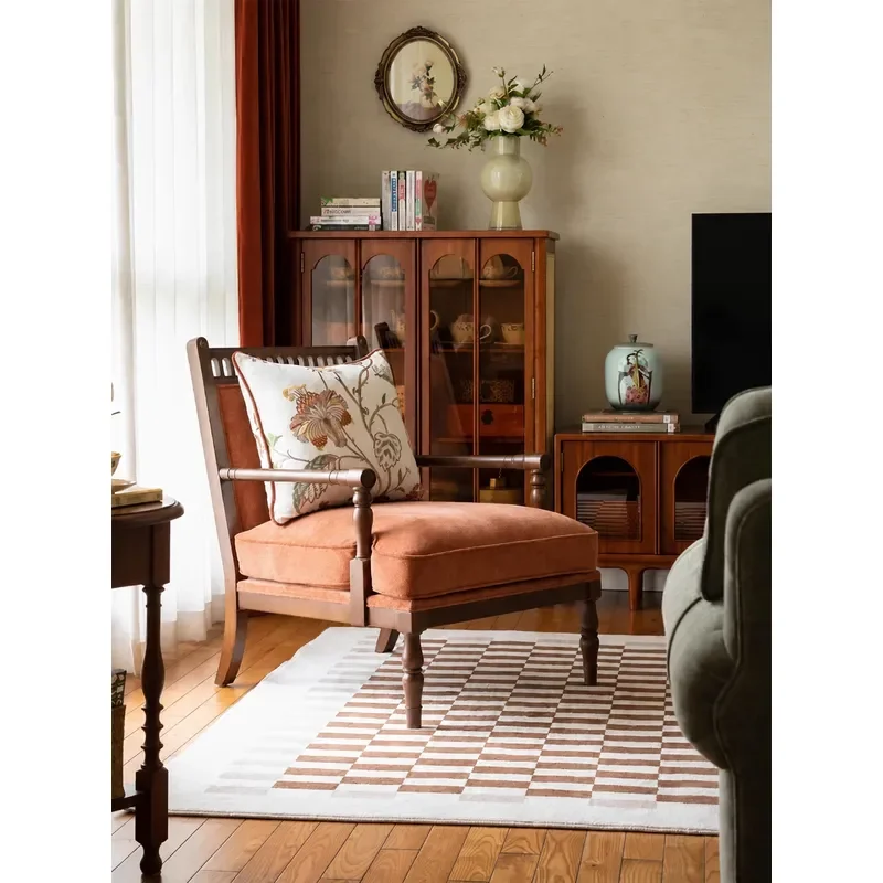 Retro Solid Wood Single Sofa American Country Fabric Armchair Casual Lounge Chair with Armrests Lazy Sofa for Living Room