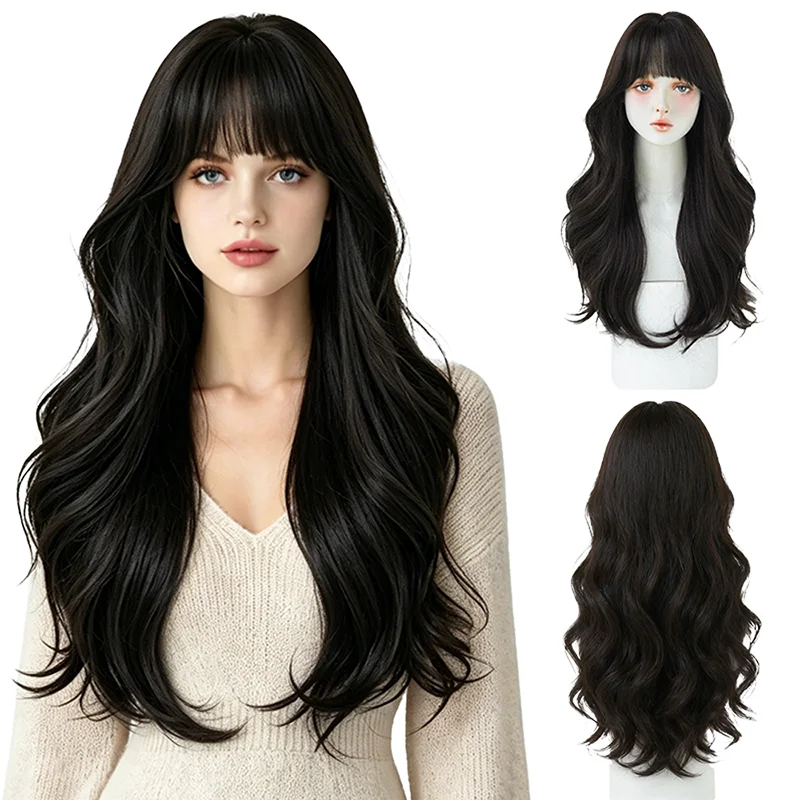 #1B Black Brown Wig 26 Inch Long Wavy with Bangs Natural Synthetic Wig For Women Daily Party Cosplay Heat Resistant Full Wig