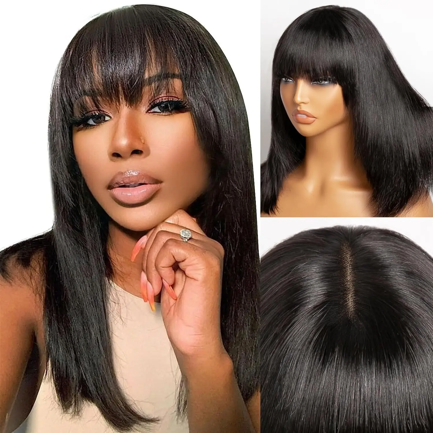 Straight Short Human Hair Wigs With Bangs Brazilian Top 2X4 Lace Front Wig Cheap Bob Wigs For Women 180% Density Natural Color