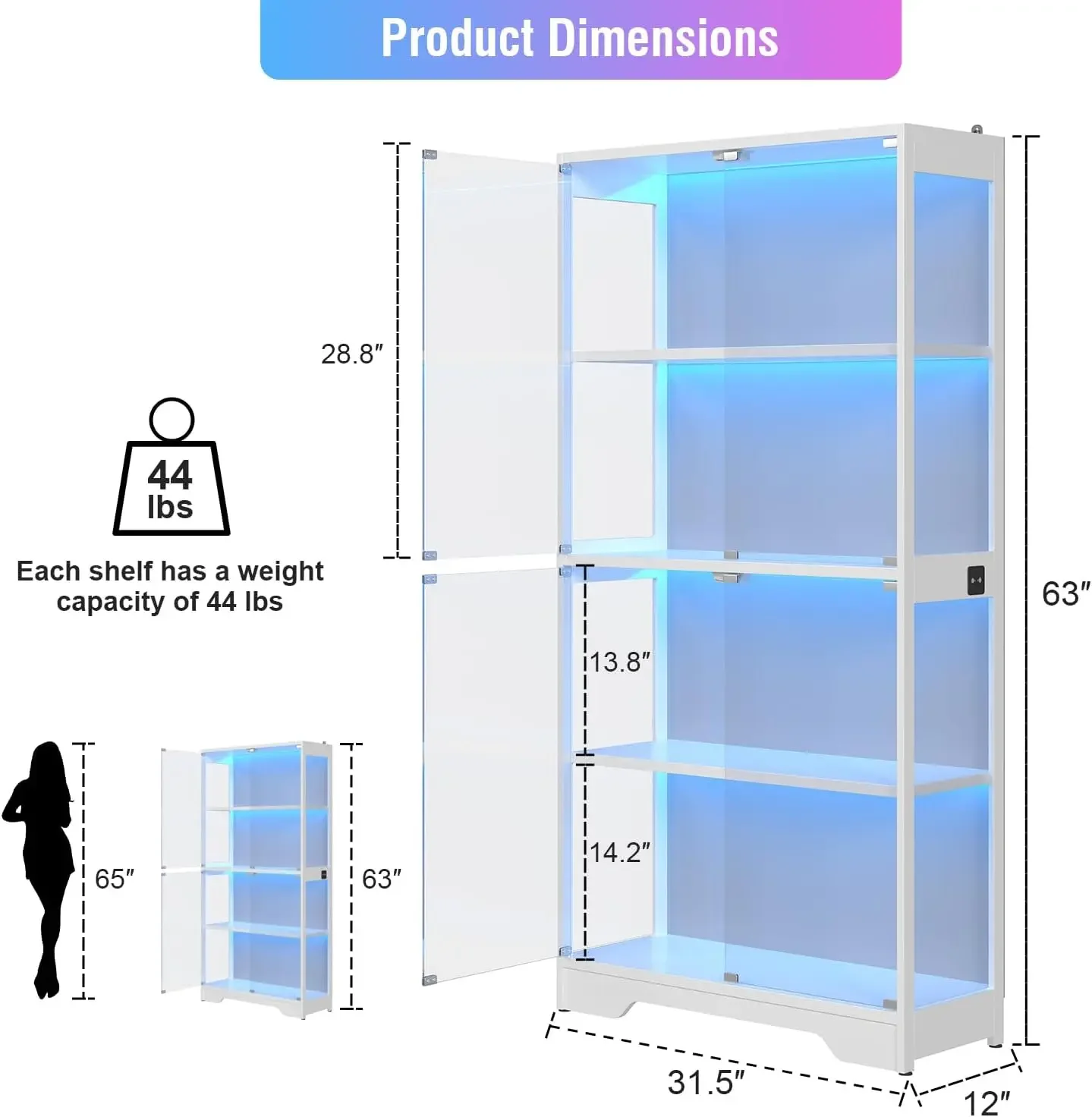 White 63 Inch Tall Curio Cabinet Glass Doors Human Sensor RGB LED Lights 4 Tier 15mm Thick Shelves Action Figures Collectibles B