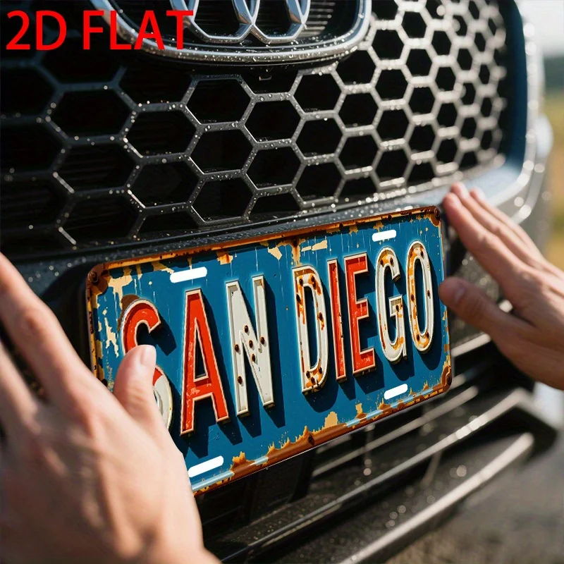 Placa de Alumínio Vintage San Diego 2D Plana para Decoração de Parede, Garagem, Bar, Caverna do Homem e Cobertura de Placa Frontal de Carro