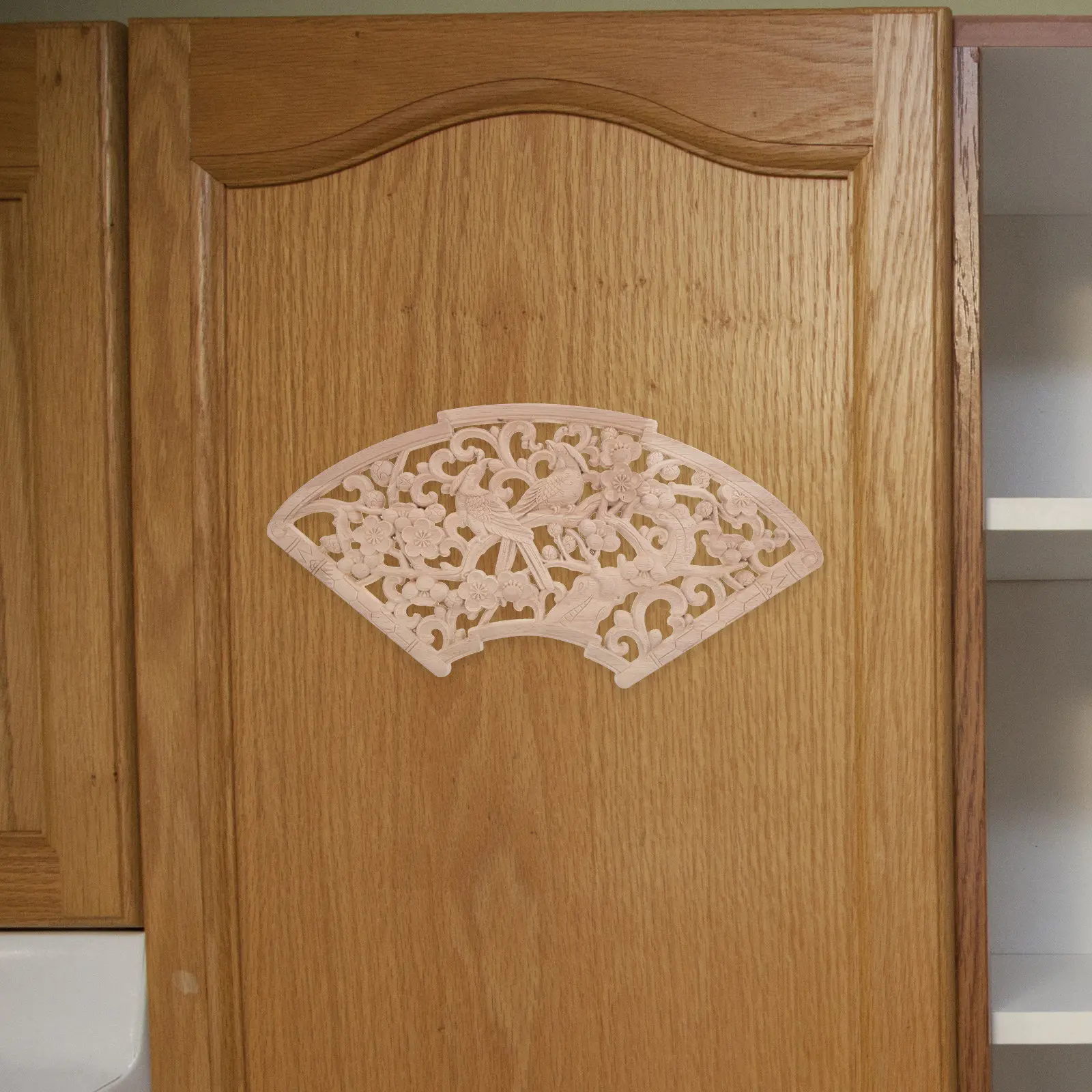 Fan-Shaped Wood Carved Onlays - Unpainted Solid Wood Appliques for Doors, Cabinets, Walls & Ceilings Decor